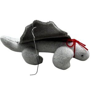 handmade Dinosaur Christmas tree ornament gray plush red bow soft 7" READ